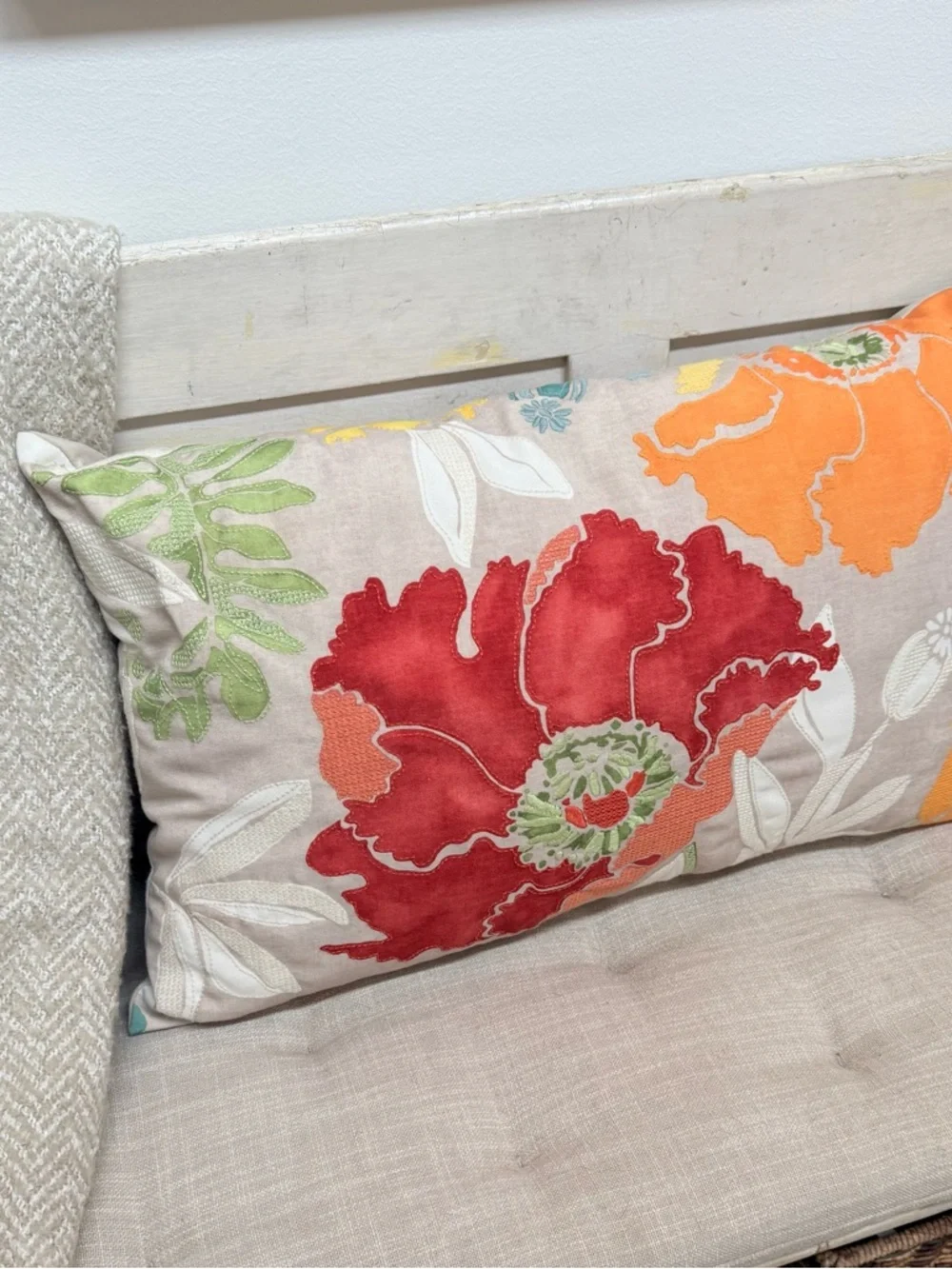 Pottery Barn Red Yellow Posy Floral Indoor Outdoor Lumbar Accent Pillow - Picture 5 of 14